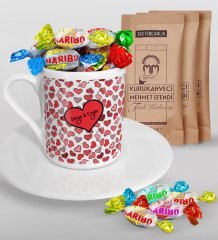 Kişiye Özel Sevgililer Günü Türk Kahvesi Fincanı Mehmet Efendi Kahve ve Haribo Şeker Hediye Seti-48