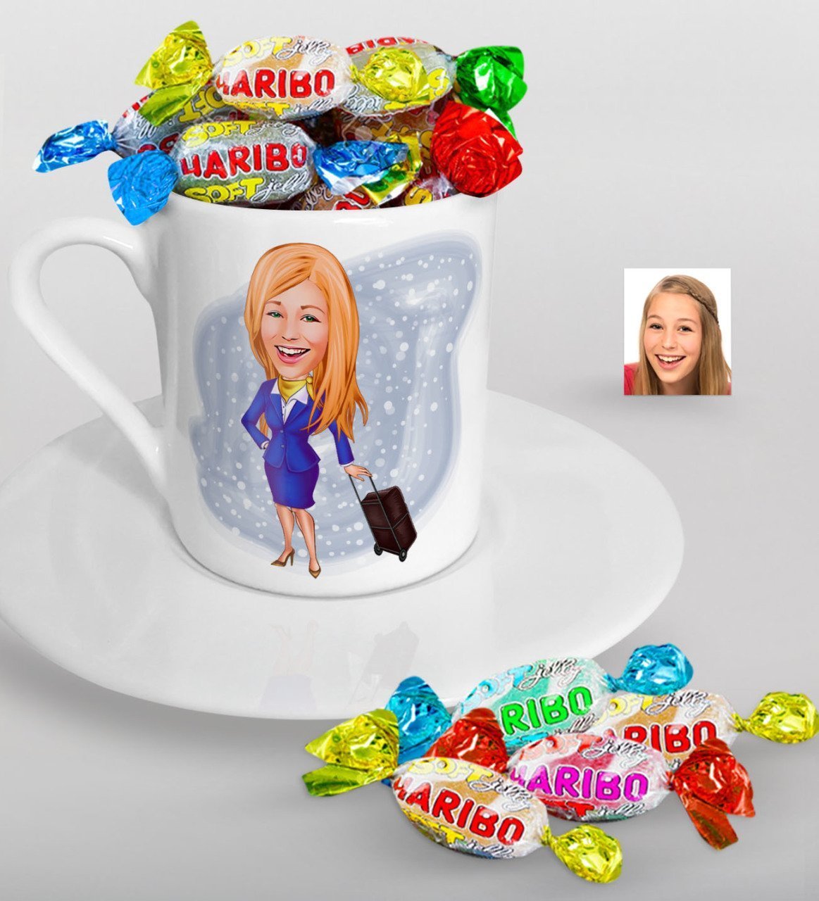 Kişiye Özel Hostes Karikatürlü Türk Kahvesi Fincanı ve Haribo Şeker Hediye Seti-2