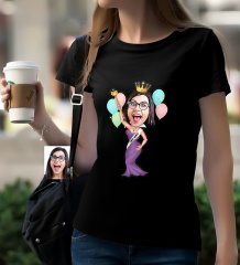Kişiye Özel Güzellik Kraliçesi Karikatürlü Siyah T-Shirt