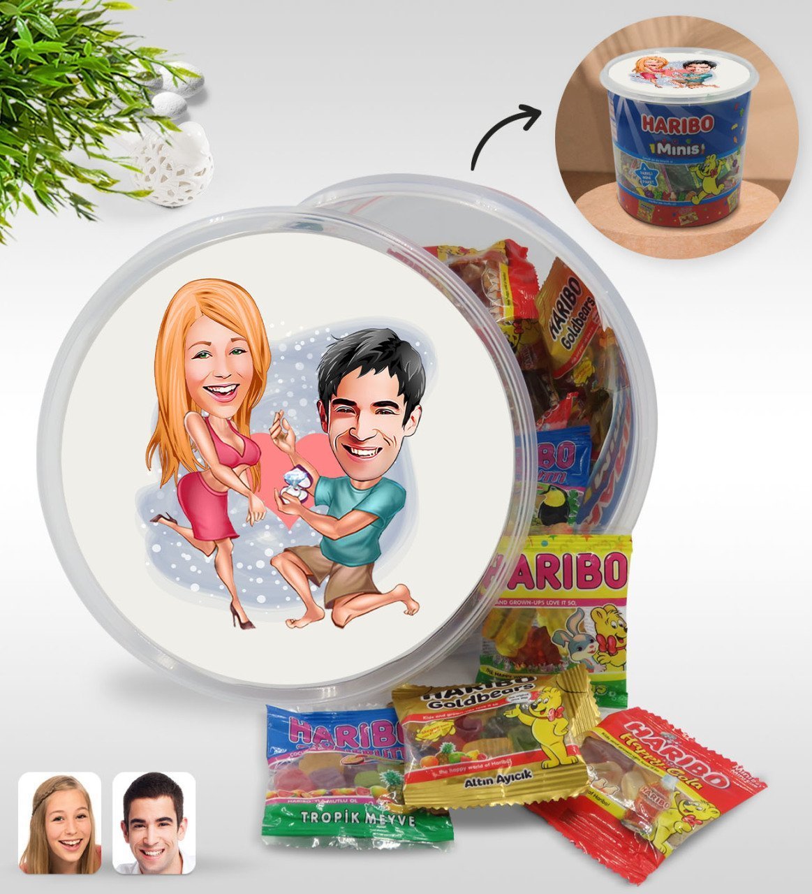 Kişiye Özel Sevgililer Karikatürlü Dev Boy Haribo Minis Kovası (10gx100adet) Model 19