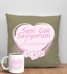 BK Gift Anneler Günü Tasarımlı Haki Kırlent Yastık ve Kupa Seti, Anneye Hediye, Ev Dekorasyonu, Anneler Günü Hediyesi-1