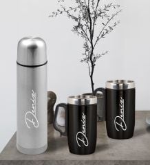 BK Gift Kişiye Özel Deri Çantalı Krom Seyahat Termosu ve İkili Termos Mug Hediye Seti - 2