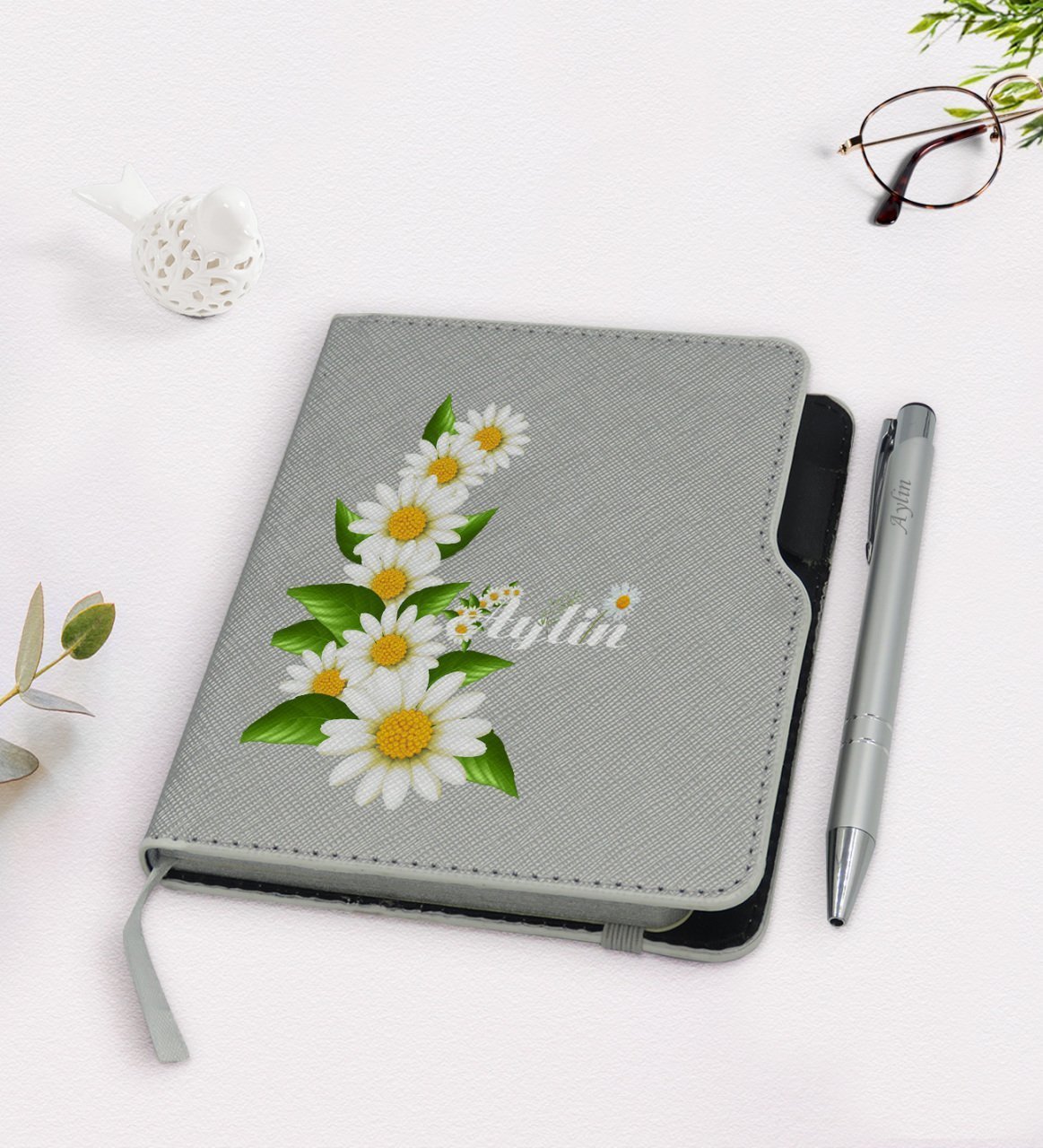 Kişiye Özel Papatya Temalı Gri Termo Deri Defter Kalem Seti-8
