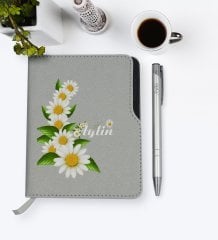 Kişiye Özel Papatya Temalı Gri Termo Deri Defter Kalem Seti-8