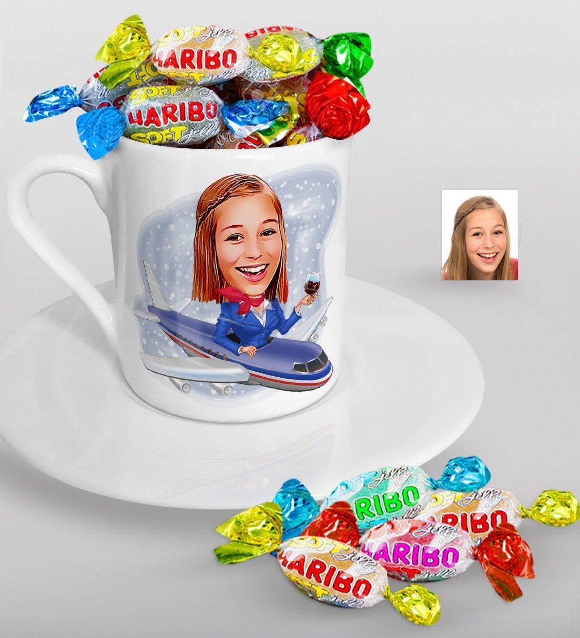Kişiye Özel Hostes Karikatürlü Türk Kahvesi Fincanı ve Haribo Şeker Hediye Seti-1