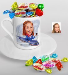 Kişiye Özel Hostes Karikatürlü Türk Kahvesi Fincanı ve Haribo Şeker Hediye Seti-1