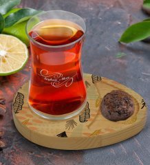 Kişiye Özel Modern Art Tasarımlı Doğal Ahşap Tabaklı Heybeli Çay Bardağı Sunum Seti Model 5