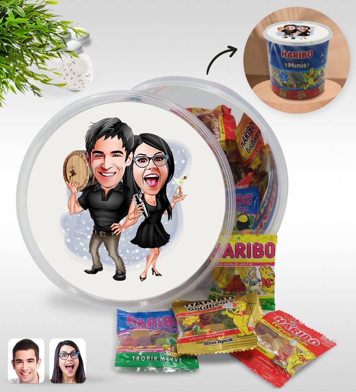 Kişiye Özel Sevgililer Karikatürlü Dev Boy Haribo Minis Kovası (10gx100adet) Model 18