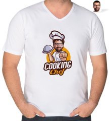 Kişiye Özel Erkek Chef Karikatürlü V Yaka Tişört-15