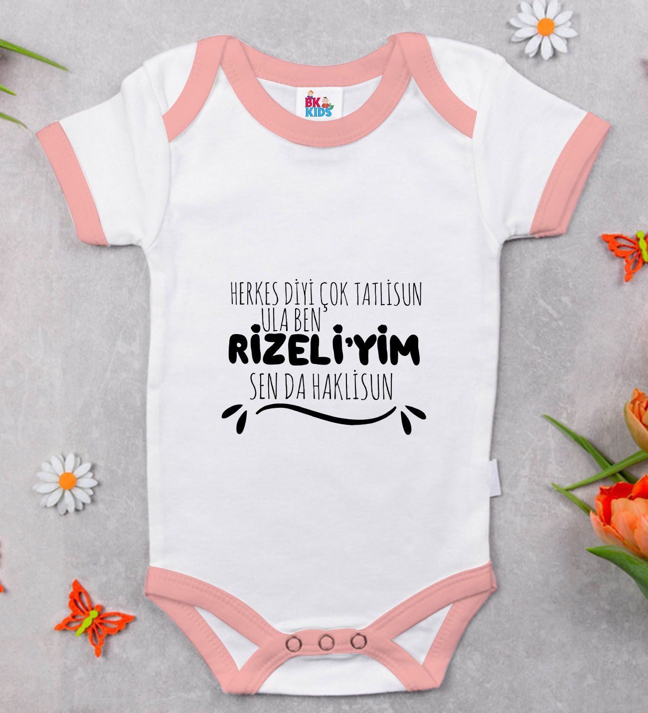 BK Kids Rizeliyim Tasarımlı Pembe Bebek Body Zıbın-1