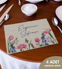 BK Gift Kişiye Özel Çiçek Tasarımlı 4’li Keten Amerikan Servis Seti-2, Ev Hediyesi,Baskılı Servis Bezi, Mutfak Dekoru