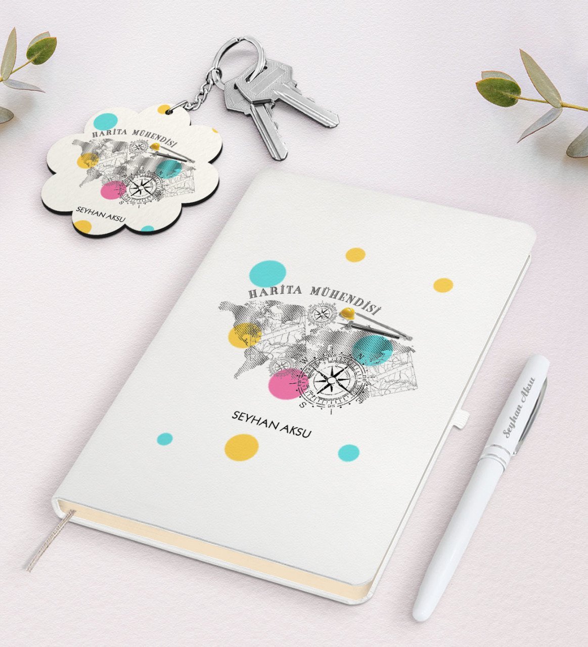 Kişiye Özel Harita Mühendisi Beyaz Defter Kalem Ve Anahtarlık Hediye Seti-2