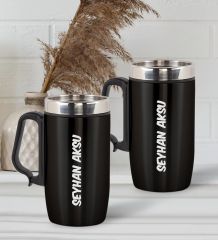 BK Gift Kişiye Özel Deri Çantalı Krom Seyahat Termosu ve İkili Termos Mug Hediye Seti - 1