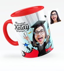 Kişiye Özel Bayan Mezun Karikatürlü Kırmızı Kupa Bardak - 1