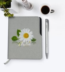 Kişiye Özel Papatya Temalı Gri Termo Deri Defter Kalem Seti-4