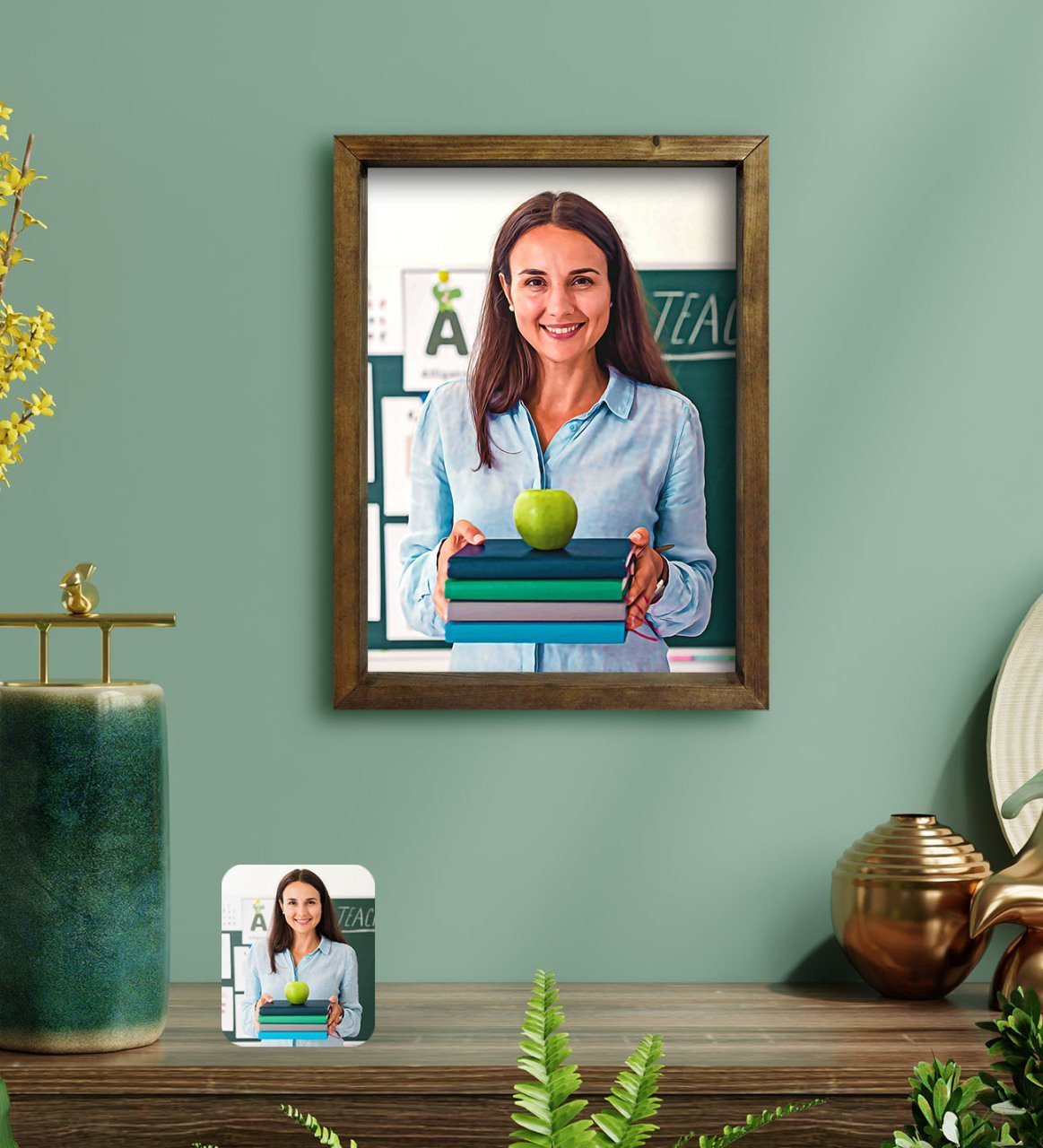 Kişiye Özel Kadın Öğretmen Yağlıboya Tasarımlı Doğal Masif Ahşap Çerçeveli Tablo 30x40cm-1