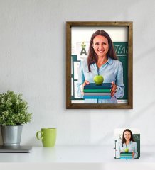 Kişiye Özel Kadın Öğretmen Yağlıboya Tasarımlı Doğal Masif Ahşap Çerçeveli Tablo 30x40cm-1