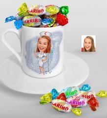 Kişiye Özel Hemşire Karikatürlü Türk Kahvesi Fincanı ve Haribo Şeker Hediye Seti-2