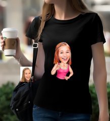 Kişiye Özel Bayan Karikatürlü Siyah T-Shirt-31