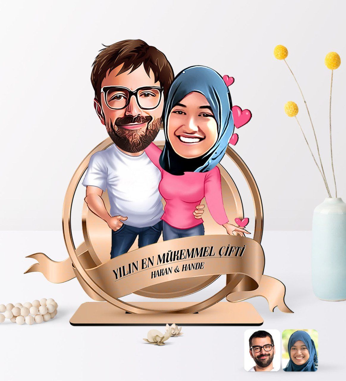 Kişiye Özel Yılın En Mükemmel Çifti Karikatürlü 3D Ahşap Biblo Plaket-58