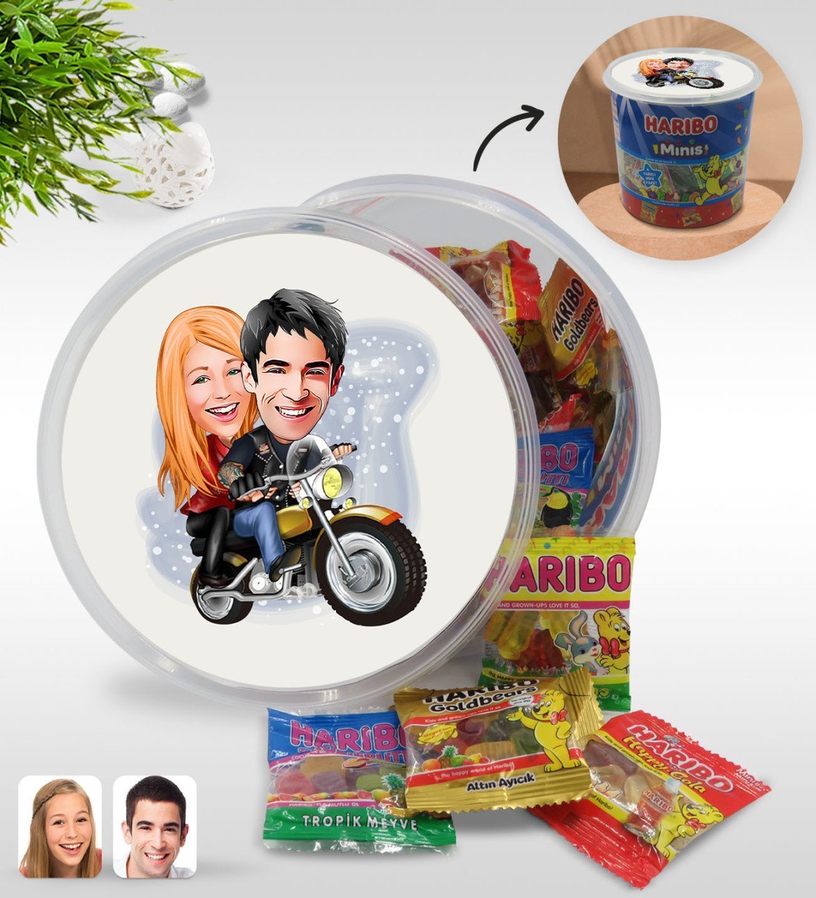 Kişiye Özel Sevgililer Karikatürlü Dev Boy Haribo Minis Kovası (10gx100adet) Model 17
