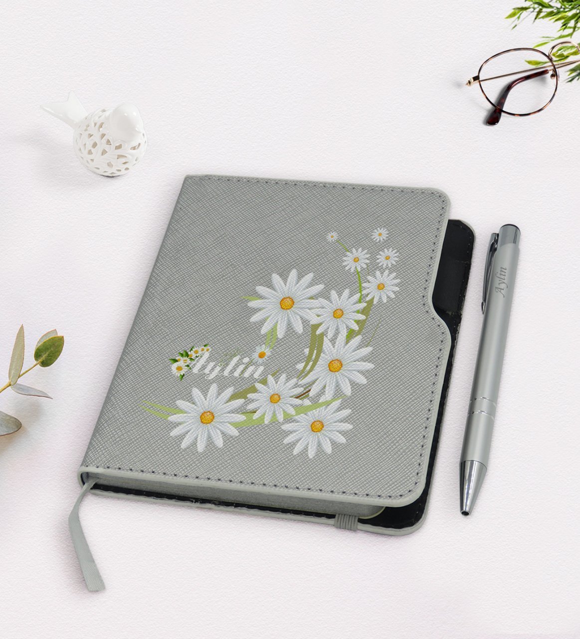 Kişiye Özel Papatya Temalı Gri Termo Deri Defter Kalem Seti-1
