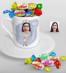 Kişiye Özel Hemşire Karikatürlü Türk Kahvesi Fincanı ve Haribo Şeker Hediye Seti-1