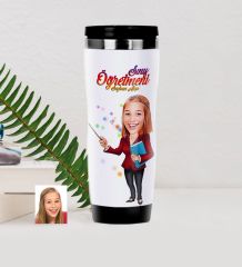 Kişiye Özel Bayan Öğretmen Karikatürlü Çelik Termos Bardak - 3