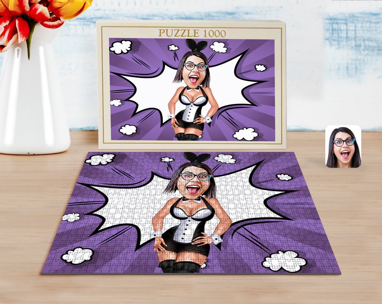 Kişiye Özel Tavşan Kız Karikatürlü 1000 Parça Profesyonel Puzzle-1