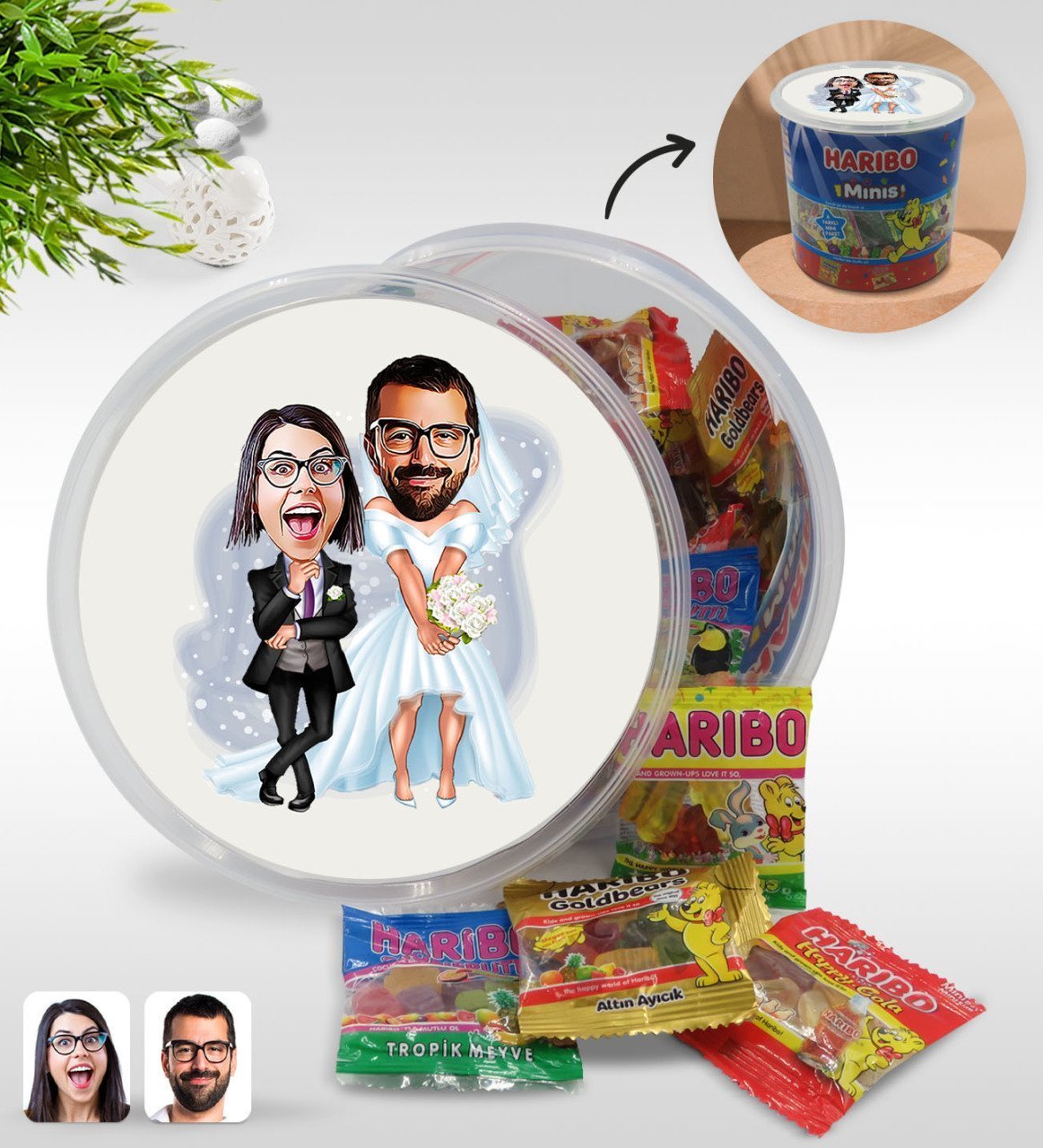 Kişiye Özel Sevgililer Karikatürlü Dev Boy Haribo Minis Kovası (10gx100adet) Model 16