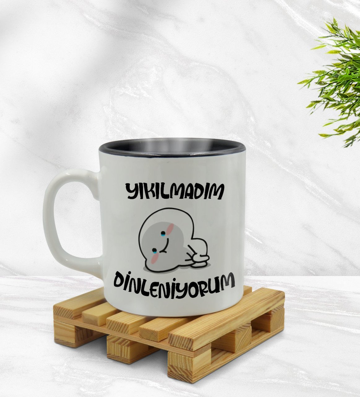 Bk Gift Yıkılmadım Dinleniyorum Tasarımlı İçi Siyah Renkli Kupa Bardak Model 1