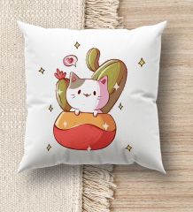 BK Gift Kedi Tasarımlı Beyaz Kırlent Yastık, Ev Hediyesi, Ev Dekorasyonu, Dekoratif Hediye-9