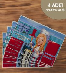 BK Gift Kişiye Özel Karikatürlü 4’li Keten Amerikan Servis Seti-5, Ev Hediyesi,Baskılı Servis Bezi, Mutfak Dekoru
