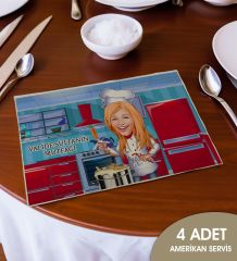 BK Gift Kişiye Özel Karikatürlü 4’li Keten Amerikan Servis Seti-5, Ev Hediyesi,Baskılı Servis Bezi, Mutfak Dekoru