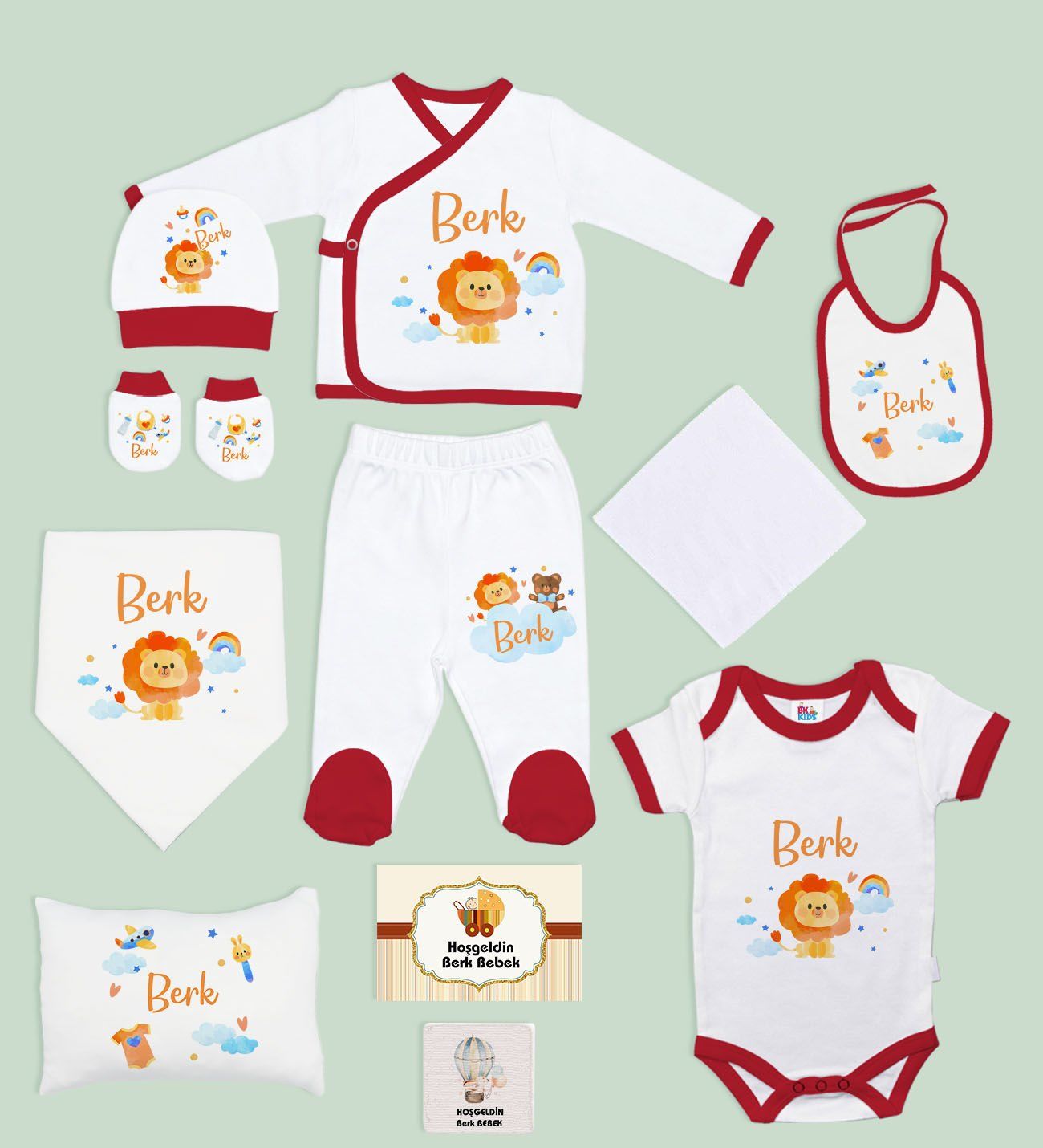 BK Kids Kişiye Özel 11 Parça Kırmızı Hastane Çıkışı Body Zıbın Battaniye ve Yastık Hediye Seti-7