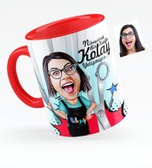 Kişiye Özel Bayan Kuaförü Karikatürlü Kırmızı Kupa Bardak - 1