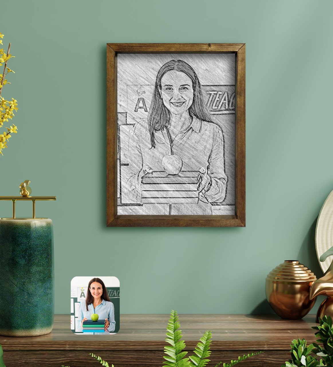 Kişiye Özel Kadın Öğretmen Karakalem Tasarımlı Doğal Masif Ahşap Çerçeveli Tablo 30x40cm-1