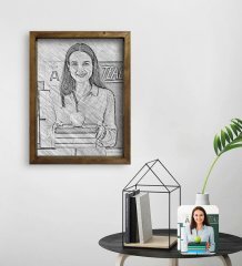 Kişiye Özel Kadın Öğretmen Karakalem Tasarımlı Doğal Masif Ahşap Çerçeveli Tablo 30x40cm-1