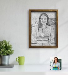 Kişiye Özel Kadın Öğretmen Karakalem Tasarımlı Doğal Masif Ahşap Çerçeveli Tablo 30x40cm-1
