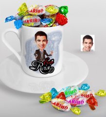 Kişiye Özel Evin Reisi Karikatürlü Türk Kahvesi Fincanı ve Haribo Şeker Hediye Seti-3