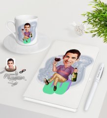 Kişiye Özel Erkek Karikatürlü Beyaz Defter Kalem Türk Kahvesi Fincanı Seti-2