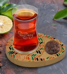 Kişiye Özel Modern Art Tasarımlı Doğal Ahşap Tabaklı Heybeli Çay Bardağı Sunum Seti Model 2