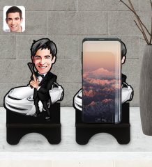 Kişiye Özel Erkek Ajan Karikatürlü Ahşap Biblo Telefon Standı-1
