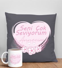 BK Gift Anneler Günü Tasarımlı Antrasit Kırlent Yastık ve Kupa Seti, Anneye Hediye, Ev Dekorasyonu, Anneler Günü Hediyesi-1