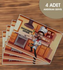 BK Gift Kişiye Özel Karikatürlü 4’li Keten Amerikan Servis Seti-4, Ev Hediyesi,Baskılı Servis Bezi, Mutfak Dekoru
