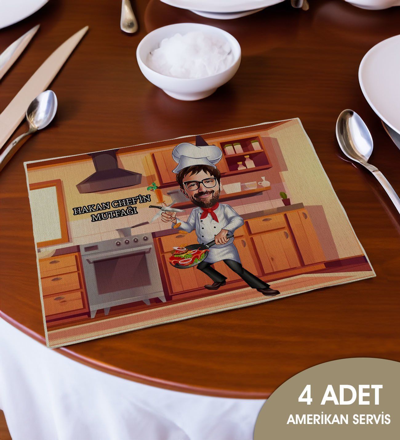 BK Gift Kişiye Özel Karikatürlü 4’li Keten Amerikan Servis Seti-4, Ev Hediyesi,Baskılı Servis Bezi, Mutfak Dekoru