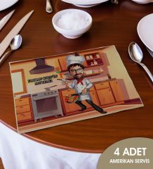 BK Gift Kişiye Özel Karikatürlü 4’li Keten Amerikan Servis Seti-4, Ev Hediyesi,Baskılı Servis Bezi, Mutfak Dekoru