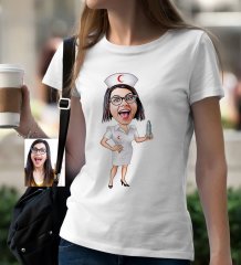 Kişiye Özel Bayan Hemşire Karikatür Beyaz Tişört - 1