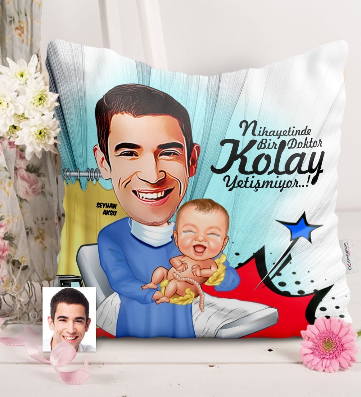 Kişiye Özel Bay Kadın Hastalıkları ve Doğum Uzmanı Karikatürlü Saten Yastık - 1