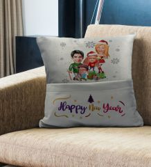 BK Gift Kişiye Özel Yılbaşı Karikatür Tasarımlı Organizer Kumanda ve Atıştırmalık Cepli Gri Kırlent Yastık- 5, Yılbaşı Hediyesi, Yeni Yıl Hediyeleri